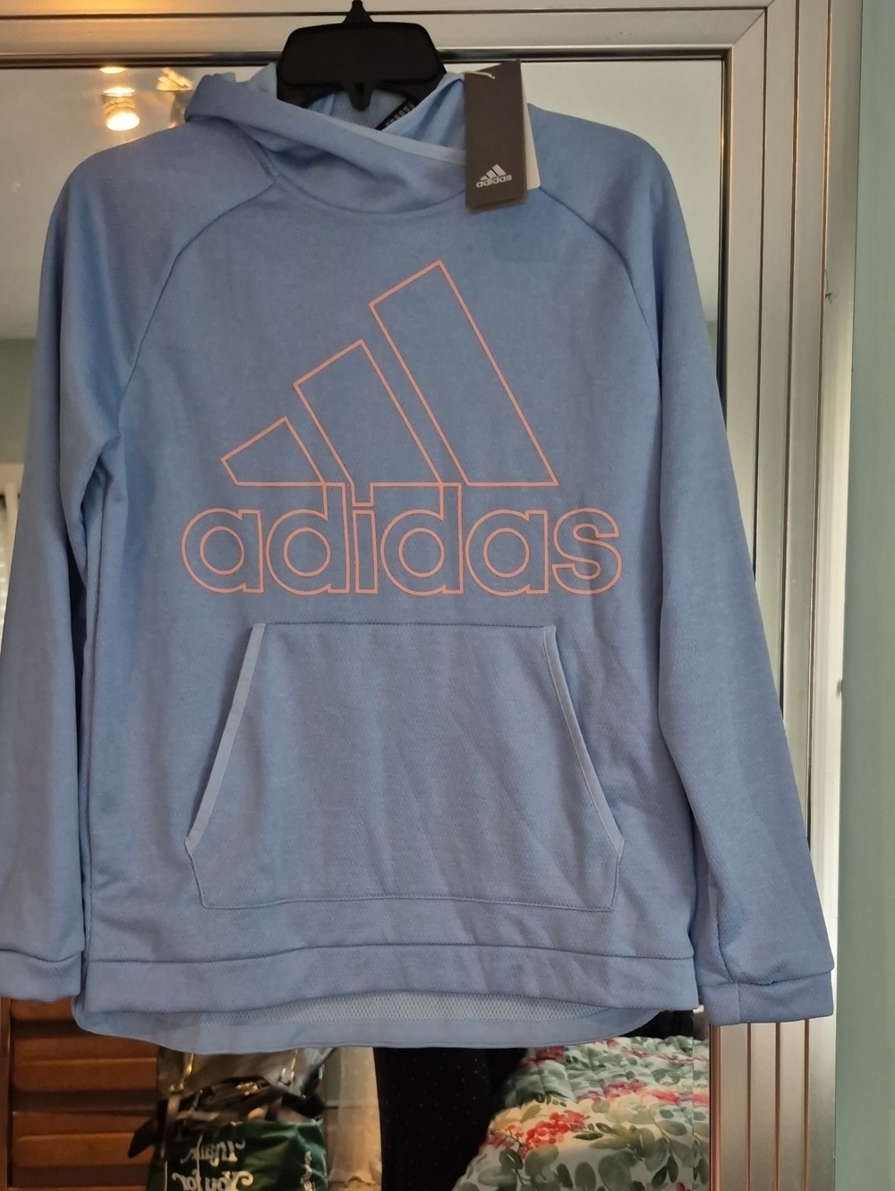 adidas Light Blue Hoodie with Pink Logo